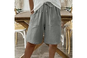 Women Bermuda Shorts Cotton Knee Length High Waisted Casual Shorts Summer Capri Pants with Pockets, Gray, Large