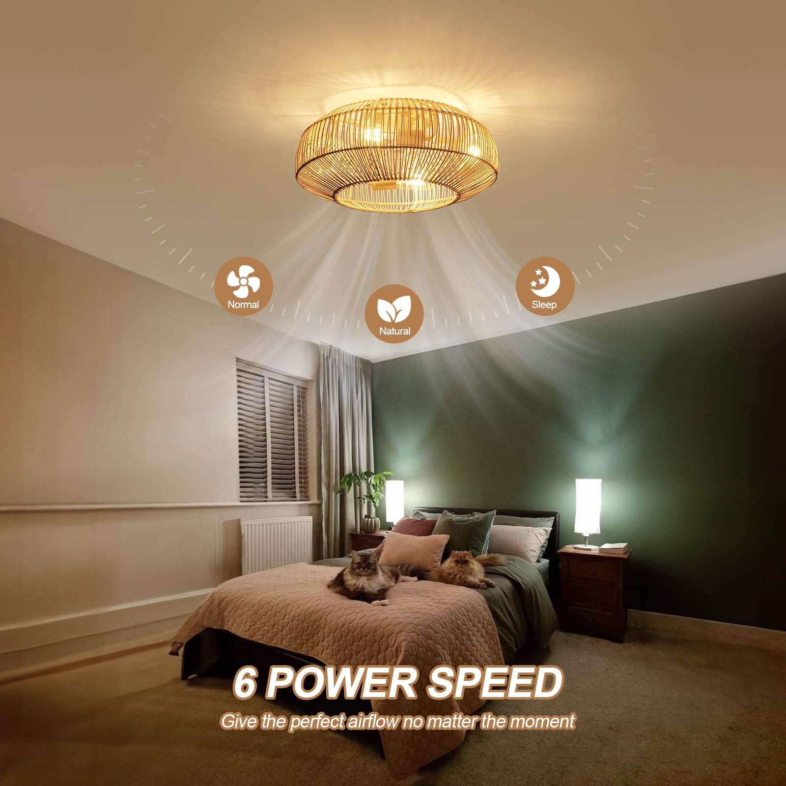 20'' Boho Rattan Ceiling Fan with Light, Coastal Caged Ceiling Fans with Lights and Remote Control, Enclosed Hidden Flush Mount with Reversible 6 Speeds for Living Room Bedroom Nursery