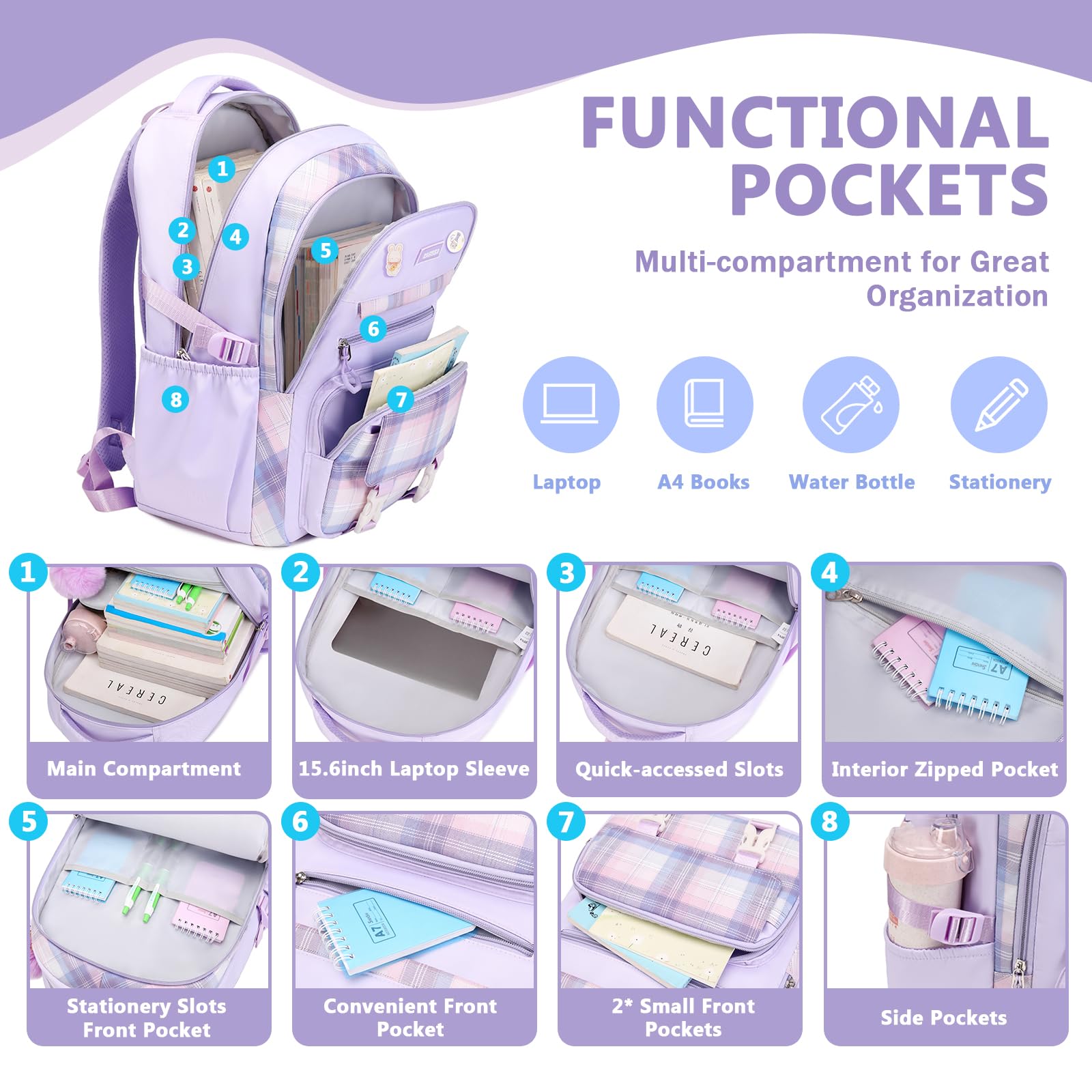 Girls Backpack for School, Kawaii Bookbag for Teen Multiple Pockets Kids Backpack for Primary Elementary Middle School, Age 6-14,Purple