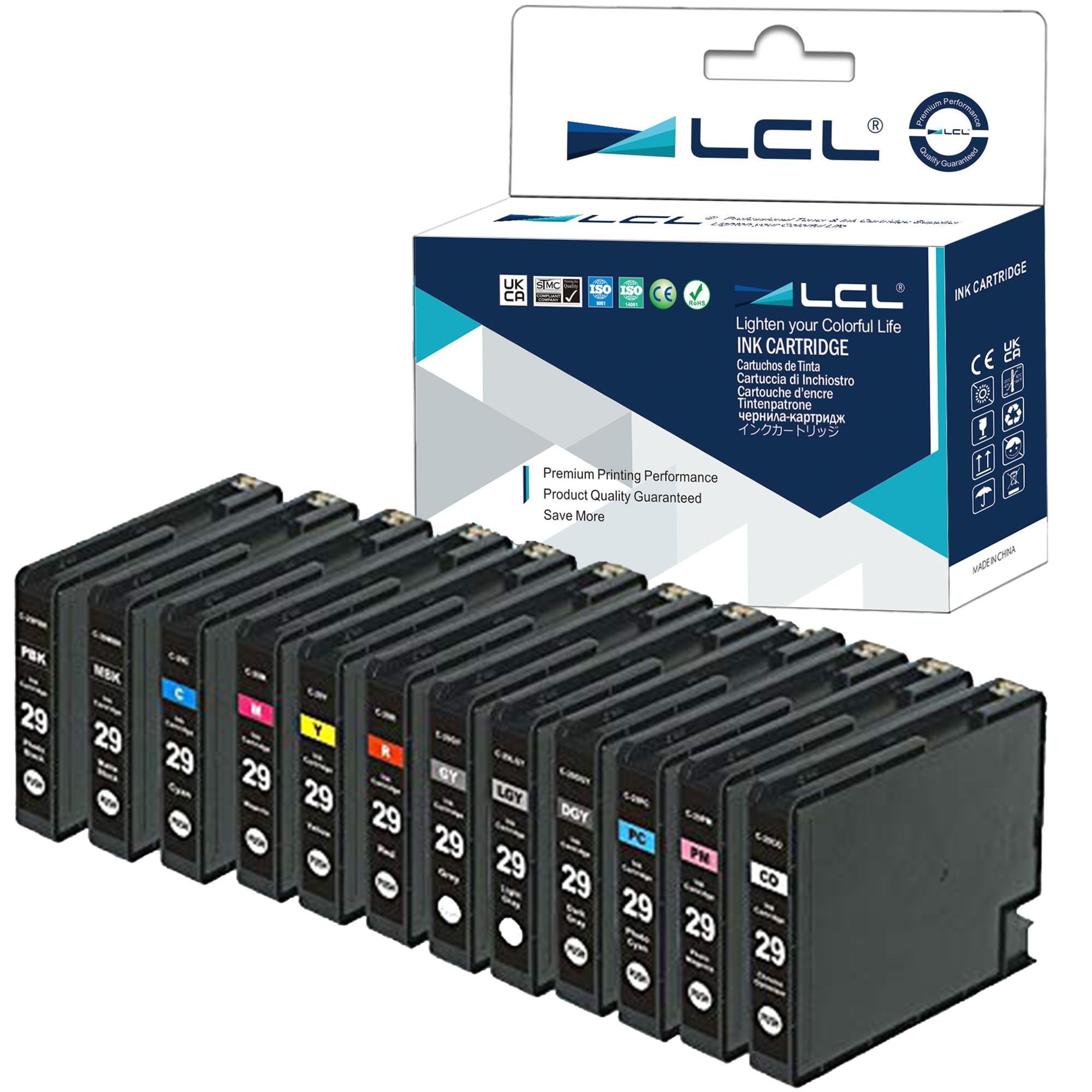LCL PGI-29 (12-Pack CO PBK MBK DGY GY LGY C PC M R PM Y) Ink Cartridge Compatible for Canon PIXMA PRO-1