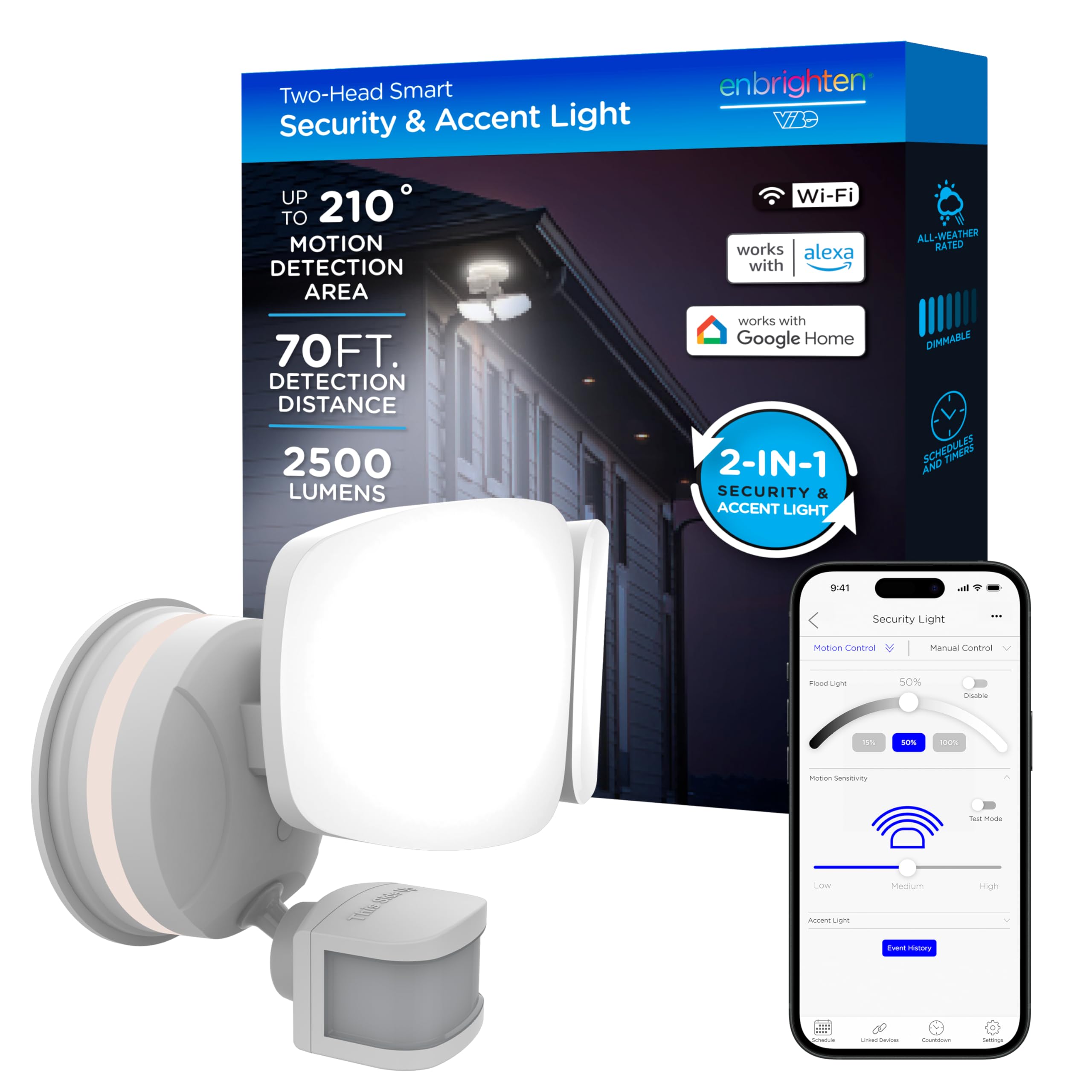 Photo 1 of ** SOLD AS IS NO RETURN/REFUNDS**
Enbrighten 58242-S1 Outdoor 2-Head Motion-Sensing Back Lit Wi-Fi LED Security Light, White
