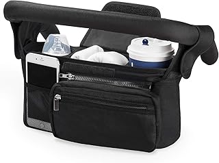 Kinderwagen Organizer Universal mit Isolierten Getränkehalter/Becherhalter, Momcozy Buggy Kinderwagentasche Baby Zubehör mit Reißverschlusstasche, Schultergurt und Großem Stauraum für Windeln&Handys