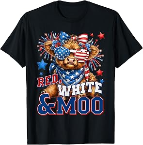 Red White and Moo Cute Highland Cow 4th of July Farmer T-Shirt