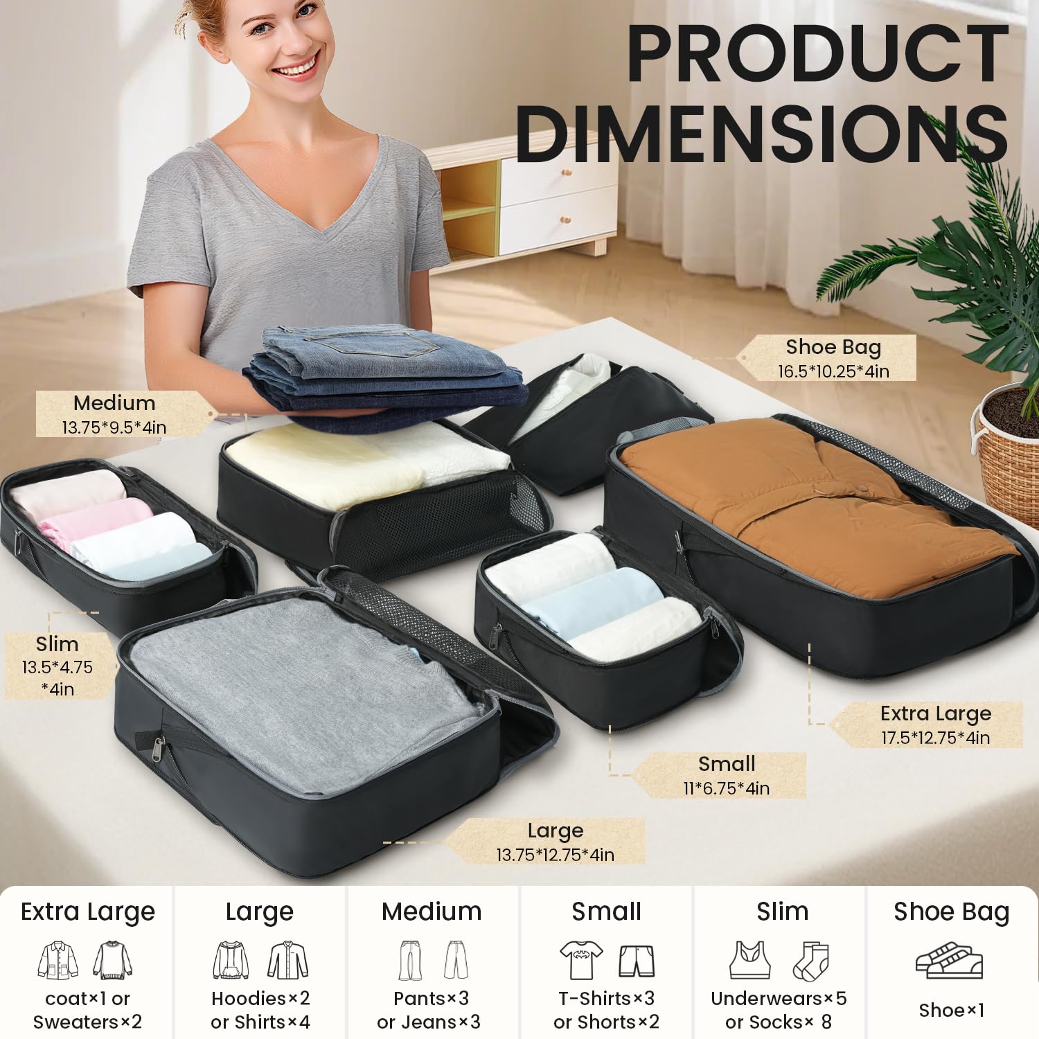 BAGAIL BAGAIL 4 Set/6 Set/8 Set Compression Packing Cubes Travel Accessories Expandable Packing Organizers (Half Mesh, 6-Black)