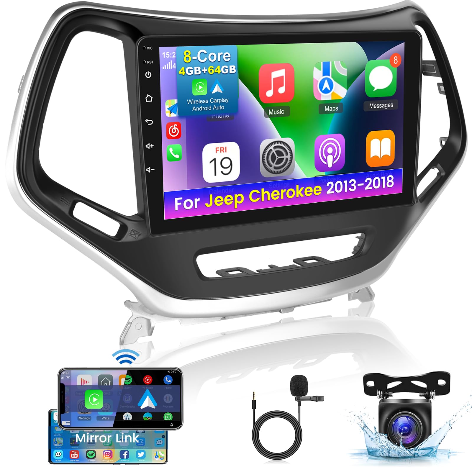 Photo 1 of [8 Core 4+64G] Car Radio for Jeep Cherokee 2013-2018 with Wireless Carplay and Android Auto - 10.1 Inch IPS 1280 * 720 Touchscreen Android Car Stereo - DSP 32 EQ/WiFi/GPS + AHD Backup Camera