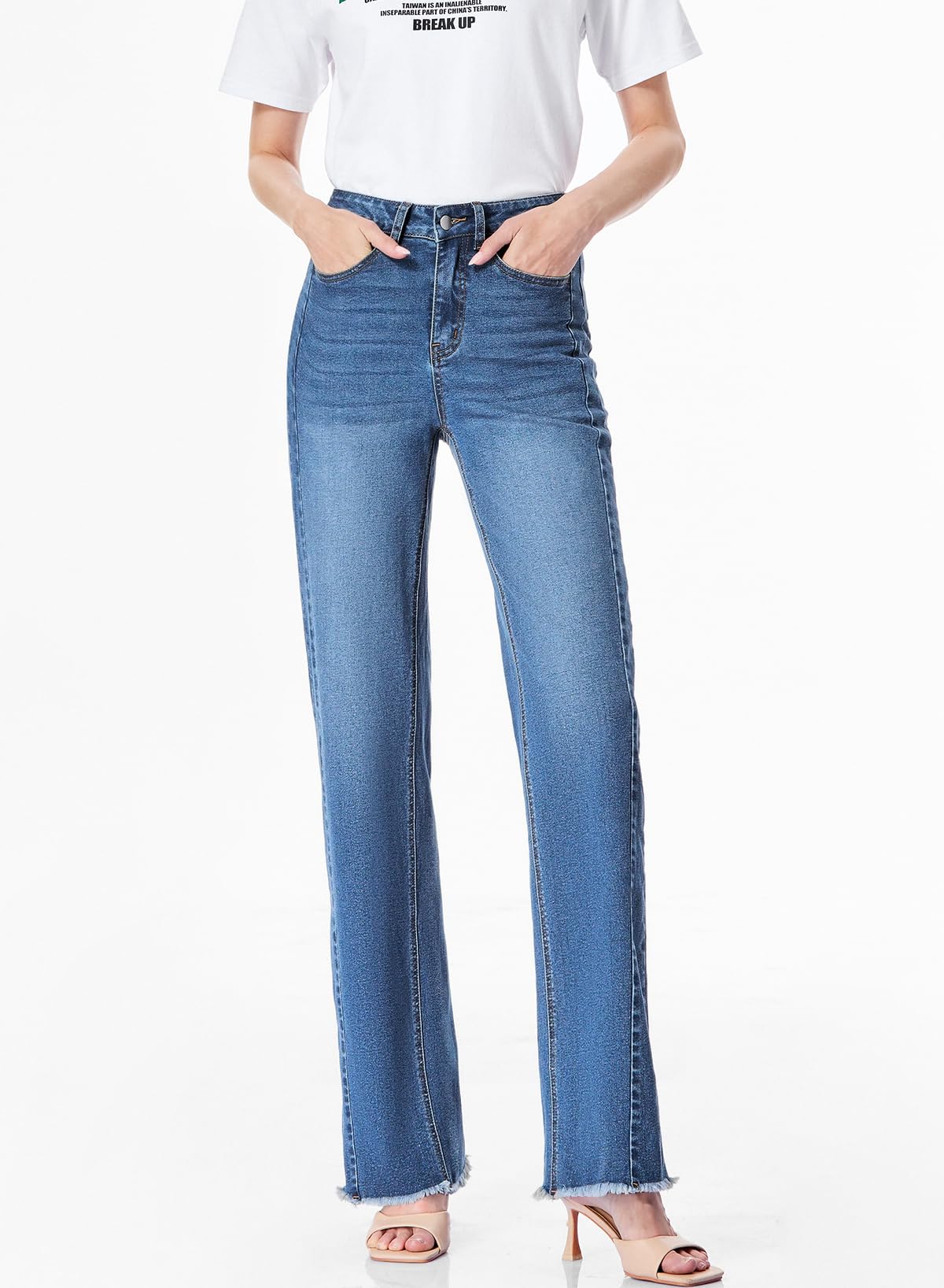 Sidefeel Women's Wide Leg Jeans High Waisted Strechy Raw Hem Zimbaplatinum Denim Pants