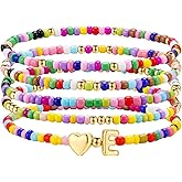 M MOOHAM Easter Gifts for Kids - 5PCS Colorful Beaded Initial Bracelets for Girls Women, Cute Stretch Heart Letter Bracelet Initial Stackable Bracelet Birthday Gift Jewelry for Kids Teen Girl