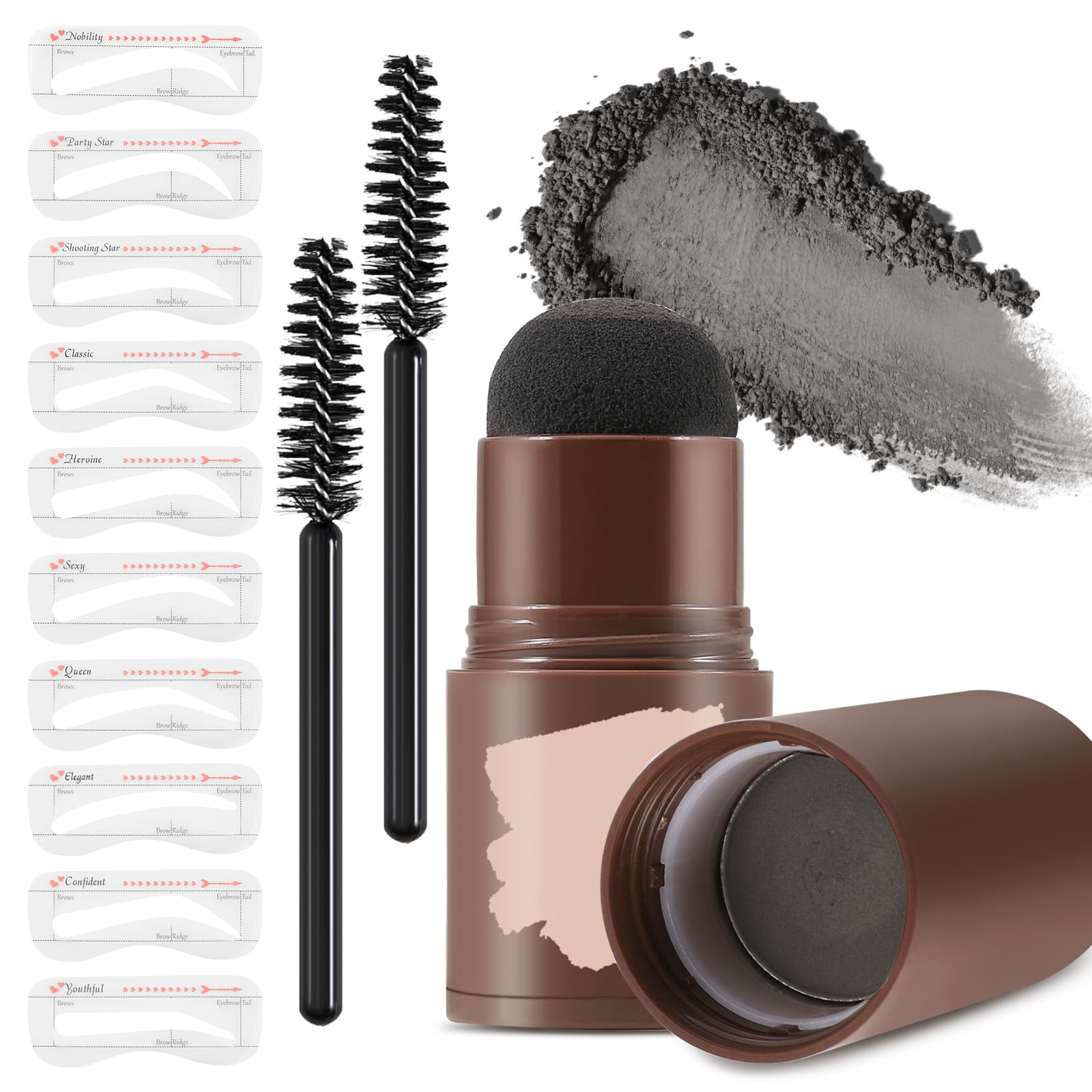 Apooliy Eyebrow Stamp Stencil Kit with 10 Eyebrow Stencils,2 Brush,Long-lasting Eyebrow Powder,Waterproof & Smudge-Proof