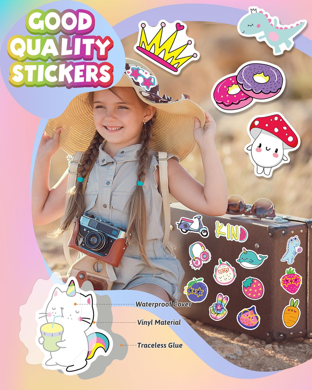 Water Bottle Stickers for Kids, 100 PCS Waterproof Cute Fun Vinyl Stickers Pack for Girls Boys