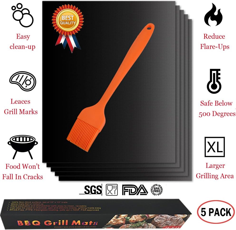 BBQ Grill Mat Non Stick Surface Reusable Teflon Oven Liner Set of 5 Cooking Mats for Grilling, Cooking, Baking, Barbecue (15.8''x13.0'', Black)