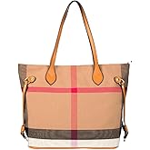 Waiyqju Spacious Large Capacity Luxury Women's Chequered Cross-Body Bag Canvas and Faux Leather Commuter Travel Tote