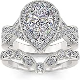 Jeulia 1.2ct Gemstone Engagement Ring Set for Women, Halo 2PCS Pear Cut Sterling Silver Rose Gold Wedding Band Ring Morganite Vintage Promise Bridal Jewelry with Gift Box