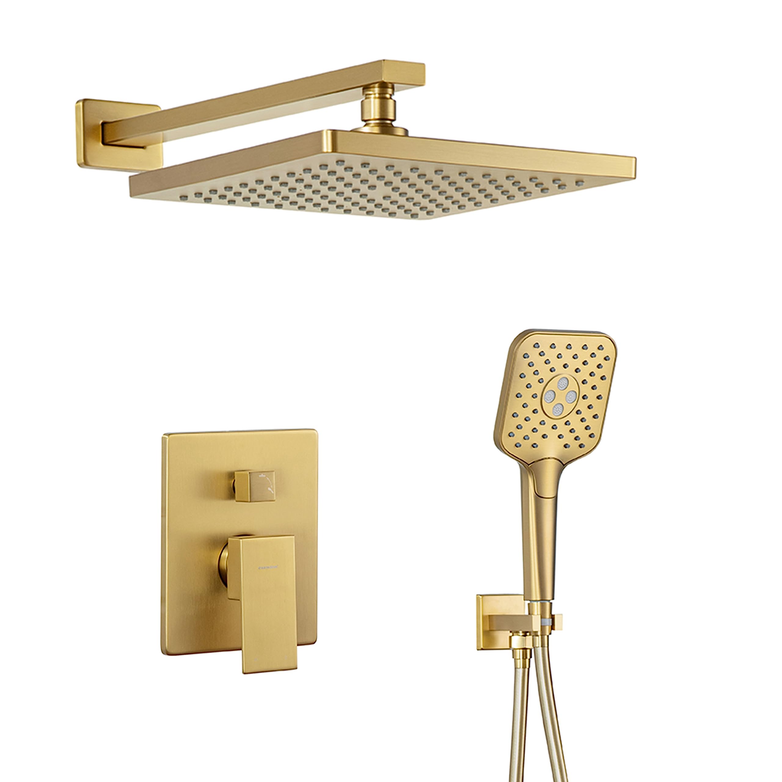 Photo 1 of Casta Diva Brushed Gold Rain Shower Head System with handheld Spray Combo, Shower Diverter and Brass Valve Trim Kit, Faucet Set, Wall Mounted, Square