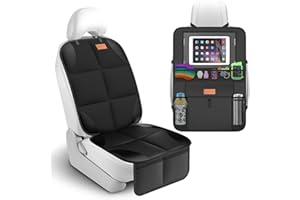 SMART ELF Non-Slip Backing Backseat Car Organizer Kick Mat with Storage Pockets, Large Waterproof Baby Car Seat Protector for Leather and Fabric (Black)