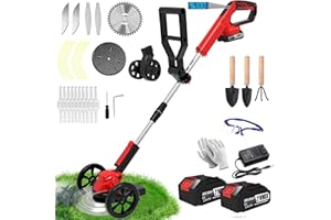 LVKANGDA Electric Weed Wacker Cordless Eater Lightweight Edger Battery Powered Grass Trimmer/Lawn Edger/Mower/Brush Cutter, with 5 Types Blades and 2 Types Wheels for Yard and Garden Weeder Tool-Red