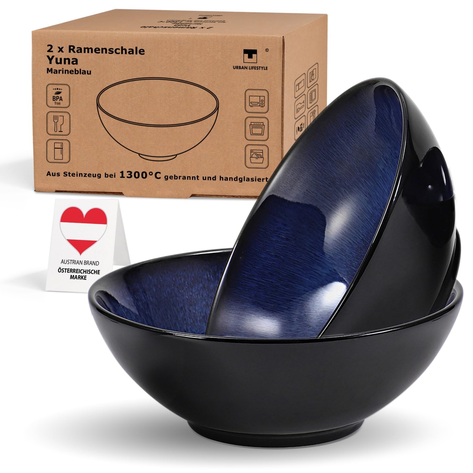 Urban Lifestyle Large Ramen Bowl Set of 2 Ceramic Ramen Bowl 8" 33-35OZ(900-1000ml) Soup Bowls Noodle Bowls Japanese Bowl Set Large Cereal Bowl Salad Bowl Pho Soup Bowl Ramen Pasta Bowl(Blue)