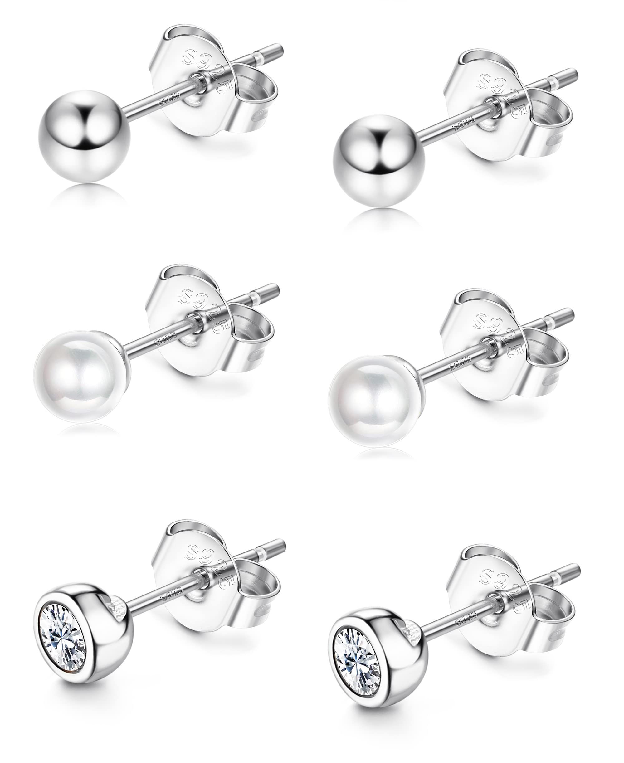 KALVICA 3 Pairs 925 Sterling Silver Stud Earrings Set for Women Girls, Hypoallergenic Stud Earrings Cubic Zirconia Ball Pearl, Small/Tiny Sleeper Cartilage Studs Silver/Gold Size 4MM