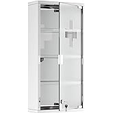 HOMCOM Wall Mount Medicine Cabinet, Bathroom Cabinet with 4 Tier Shelves, Stainless Steel Frame and Glass Door, Lockable with