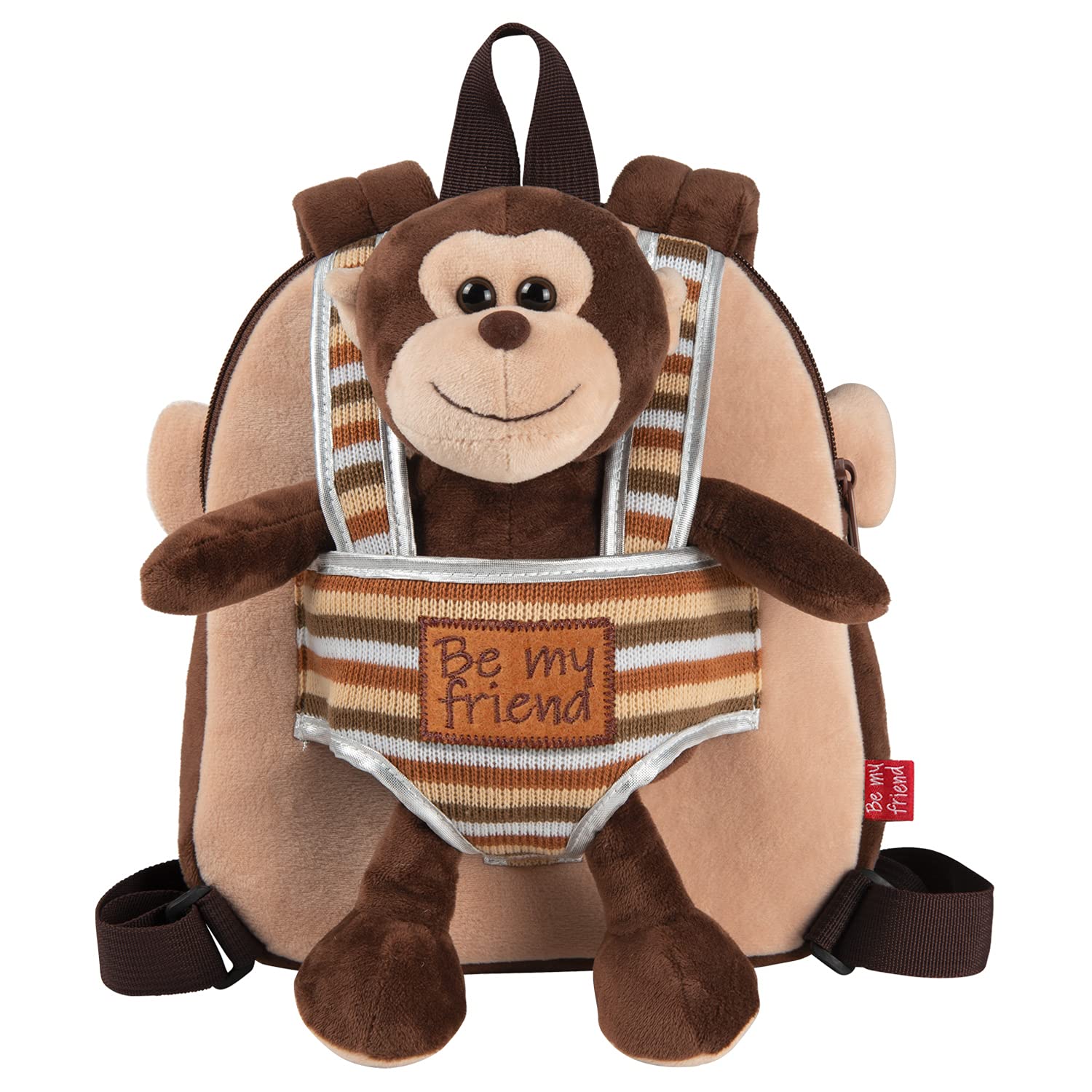 PERLETTI Plush Monkey Backpack for Toddler - Children 3 4 5 Years Daypack and Removable Soft Stuffed Animal - Fluffy Puppet and Kid Handbag for Preschool Kindergarten Travel - 22x25x3 cm(Monkey)