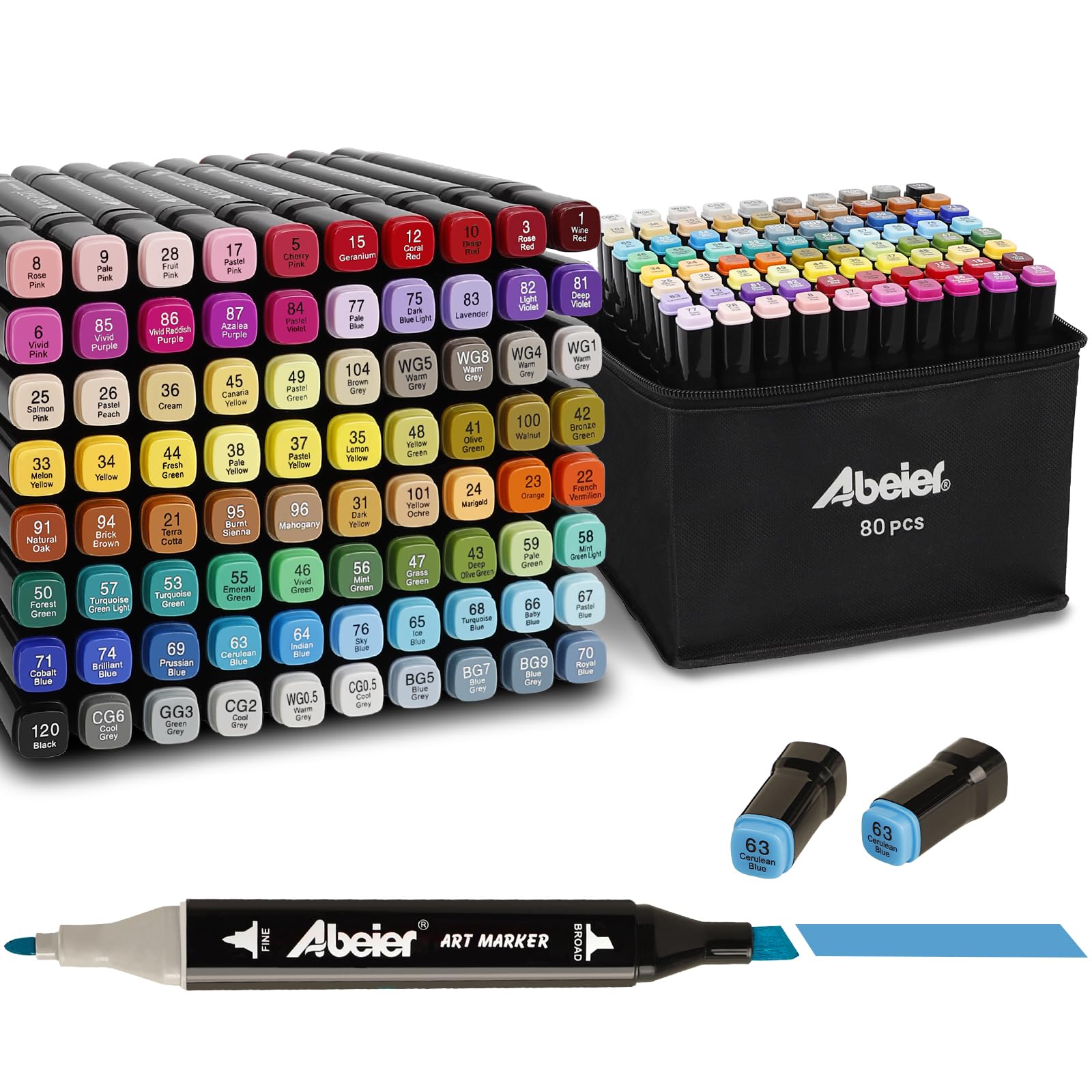 ABEIER 80+1 Color Alcohol Markers Set, Colouring Pens for Adults, Beginners,Art Marker Dual Tip Permanent Pens for Drawing, Sketching, Anime Manga Design With Carrying Case