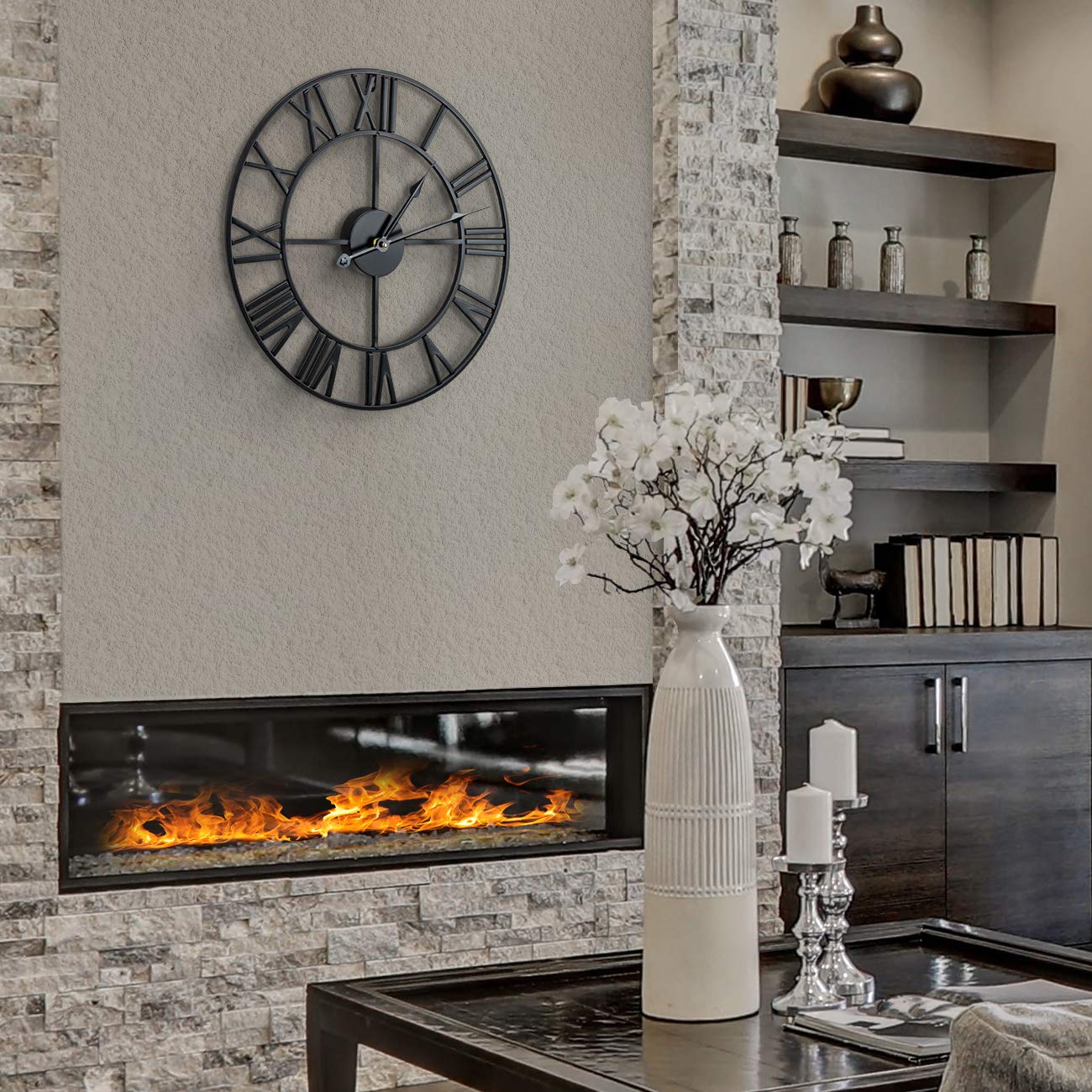 Sorbus Wall Clock, 16" Round Oversized Centurian Roman Numeral Style Home Décor Analog Metal Clock (Black)