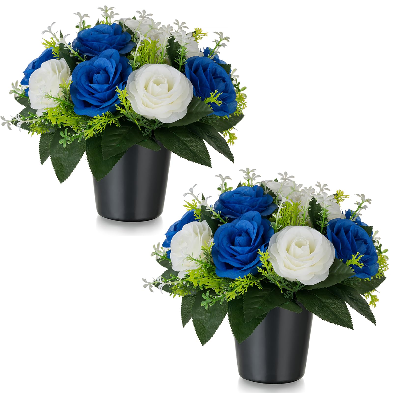 BLOSMON Artificial Grave Flowers Pots: 2 Pcs Blue Rose Silk Cemetery Flower Funeral Outdoor Decoration Memorial Floral Decorative Graveside Ornaments Fake Bouquet with Holders