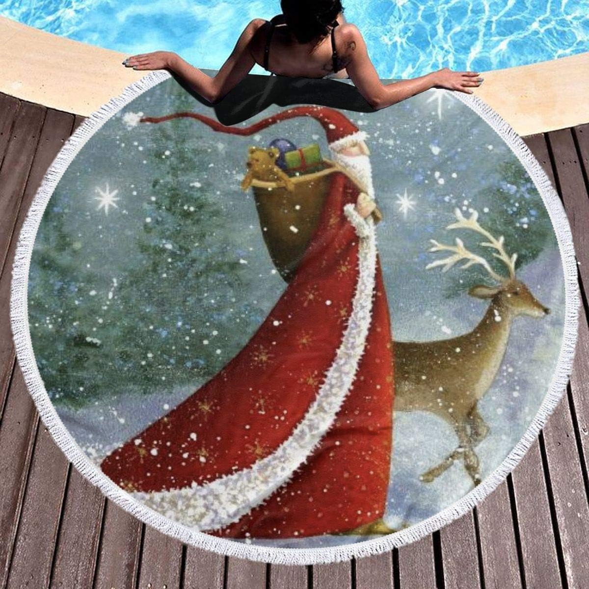 UUwant Round Beach Towel Santa Claus with Long Hat Youth Towels Extra Large Sand Proof Blanket Yoga Mat with Tassels 59 inch