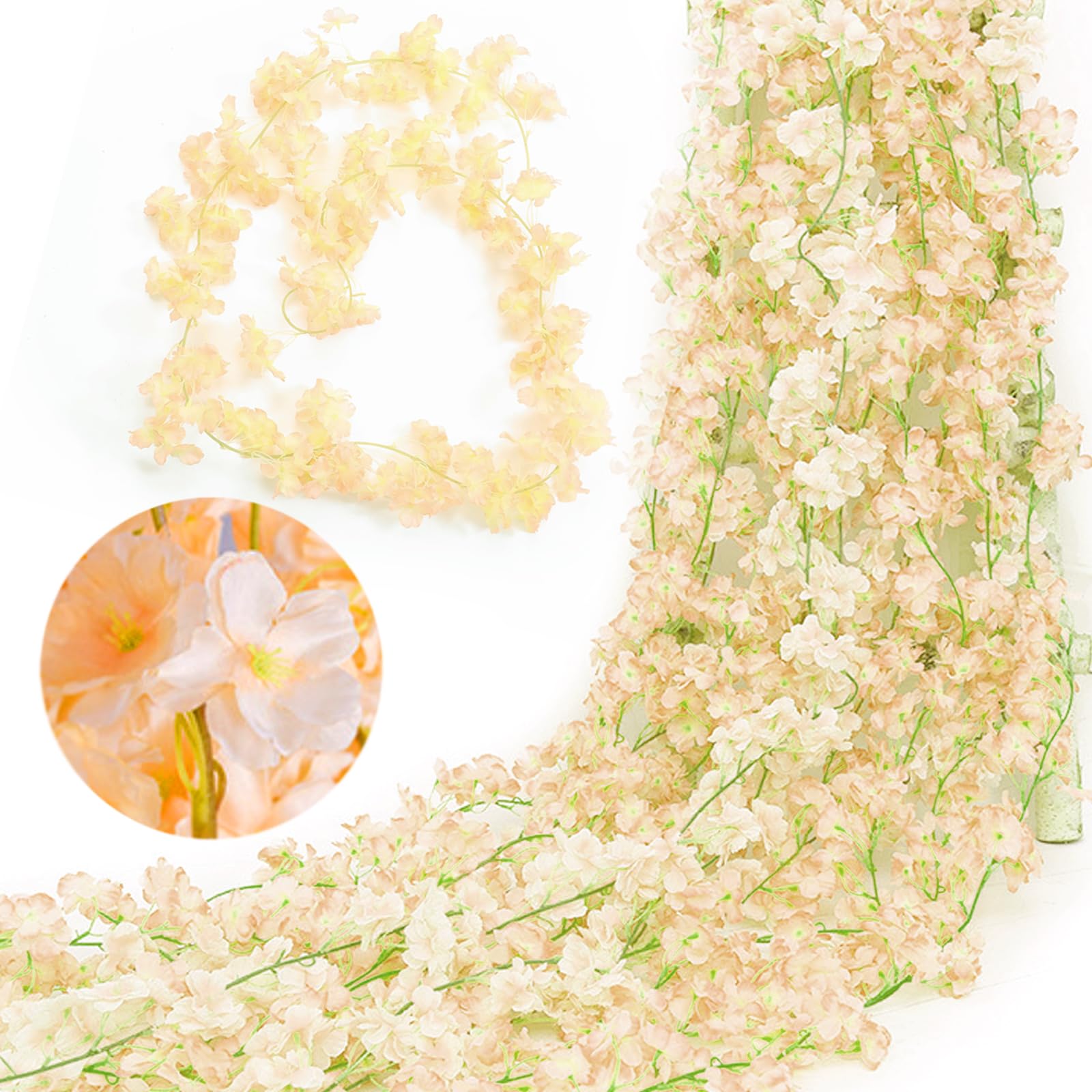 KASESSS 3PCS 180cm Artificial Silk Cherry Blossom Flower Garland Hanging Vine Flowers Artificial for Outdoor Indoor Wedding Wall Badroom Decoration, Champagne