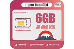 KAISNVXS Prepaid Japan SIM Card for 8 Days 6GB - Plug and Play 4G/5G LTE High Speed Japan Data SIM Card (No Low Speed), Hotspot tethering Supported, Data Use Only, No Calls/SMS