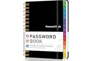 GOLDPEI Password Book with Alphabetical Tabs, Password Keeper Book for Seniors, 5.8" X 8.2" Medium Size Password Notebook, Individual & Colorful Tabs, Spiral Hardcover Password Journal Logbook for Website Logins, Black