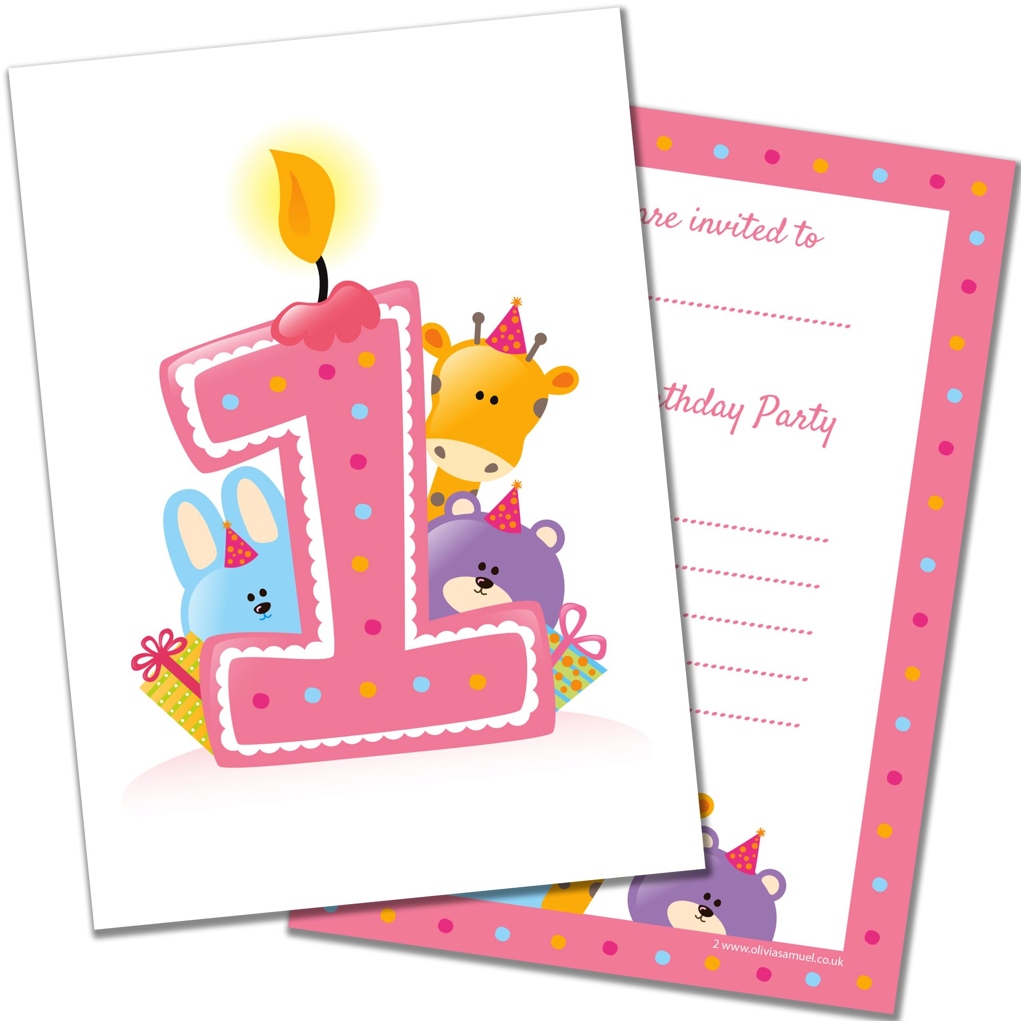 Olivia Samuel 20 x First Birthday Party Invitations from Pink Candle and Animals Design - A6 Postcard Size with envelopes