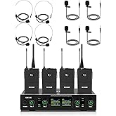 MIZISNR Wireless Lavalier Microphone System with Headset & Lapel Mics, 4 Channel UHF Cordless Microphone and Metal Receiver Set, 300ft Range for Singing, Church, Karaoke, Preaching, Wedding