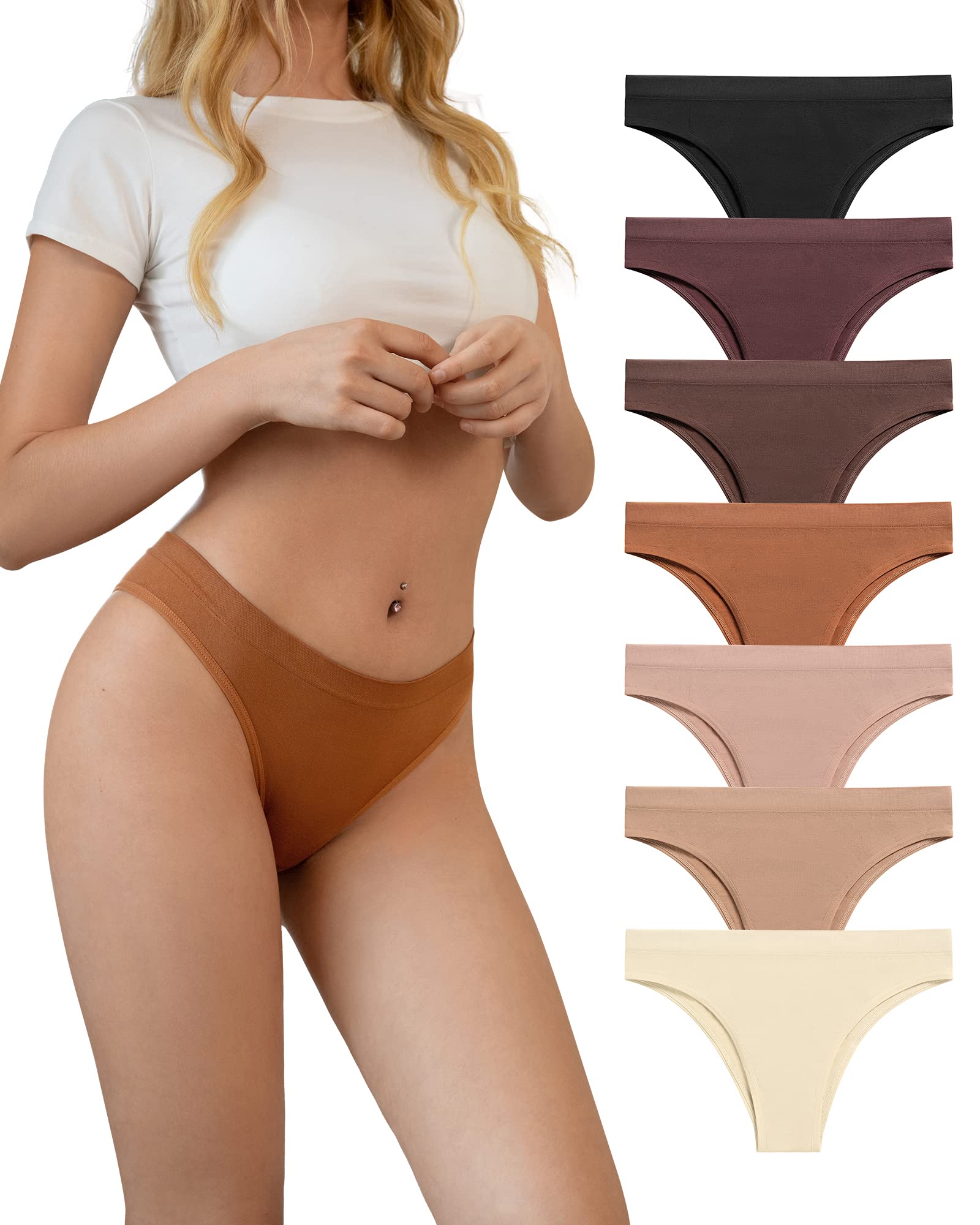 Photo 1 of SHARICCA Seamless Bikini Underwear for Women Super Stretch Sexy Low Rise Cheeky Panties Soft Comfort Hipster Pack, 7P01,M