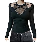 SweatyRocks Women's Y2k Cut Out Long Sleeve T Shirt Gothic Fishnet Mesh Fitted Tops