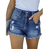 AprPith Women’s Summer Denim Shorts High Waisted Ripped Stretch Raw Hem Double Button Jeans Short with Pockets