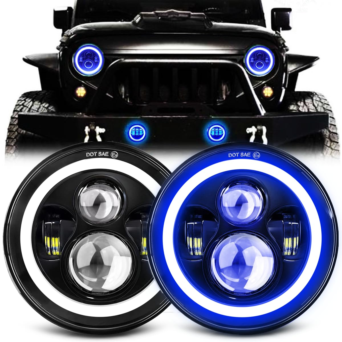 Photo 1 of MGLLIGHT 7 Inch LED Headlights with Blue Halo Ring Amber Turn Signal Wrangler Headlights High/Low Sealed Beam Projector Compatible with JK LJ CJ TJ H6024 LED Headlamps, 2PCS Blue