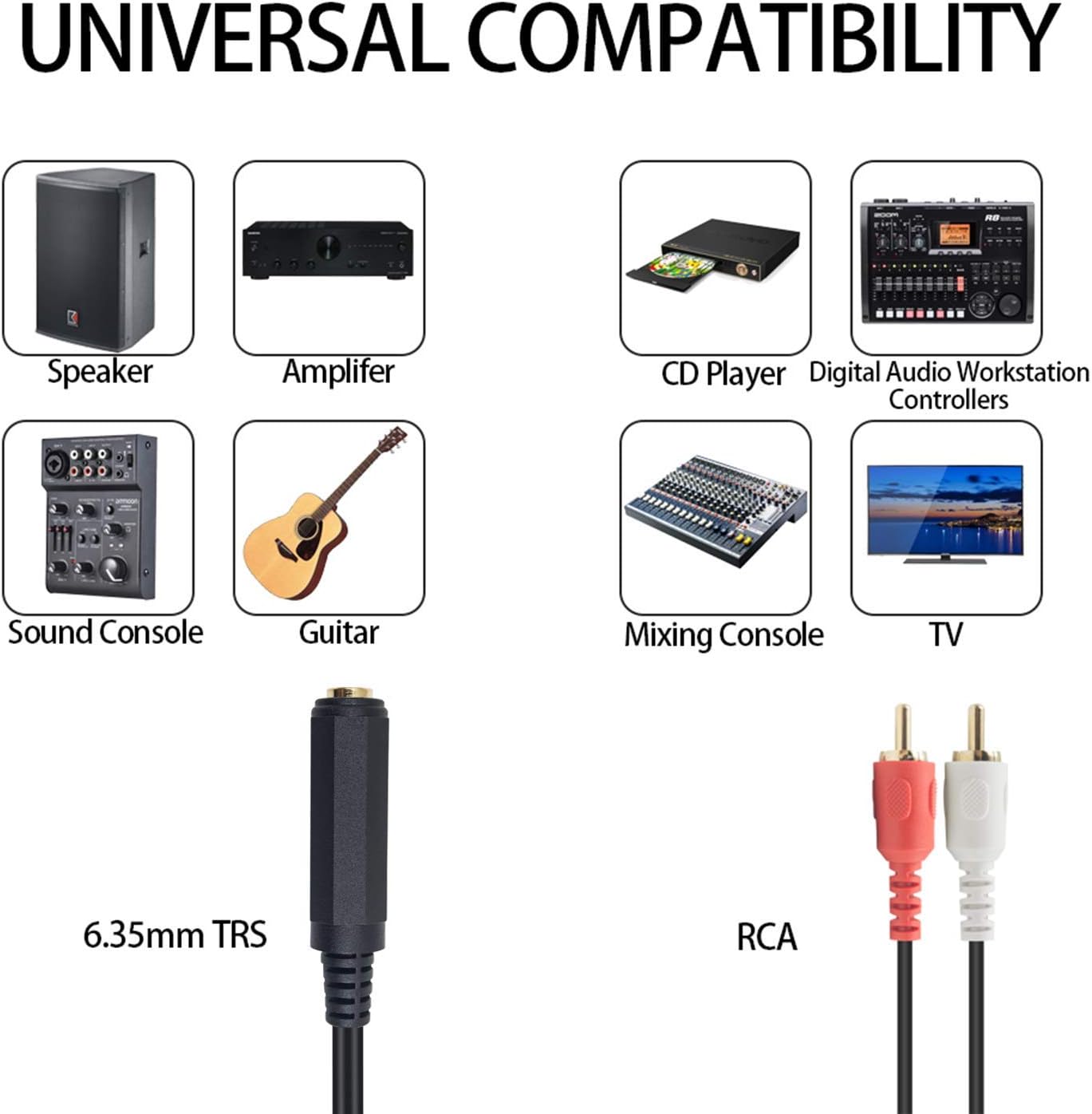 Poyiccot RCA to 1/4 Adapter Cable, 6.35mm 1/4 inch TRS Stereo Jack Female to 2 RCA Male Plug Y Splitter Adapter Cable 25cm/10inch (635F-2RCAM): Home Audio & Theater