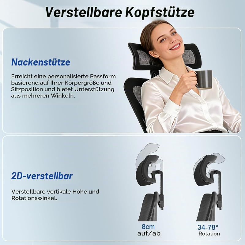 Bürostuhl Ergonomisch, Bürostuhl mit Lendenstütze Verstellbarer Kopfstütze und Armlehnen, 3-stufige Neigungsverriegelung, Rückenfreundlicher Schreibtischstuhl bis 150KG für Büro und Homeoffice