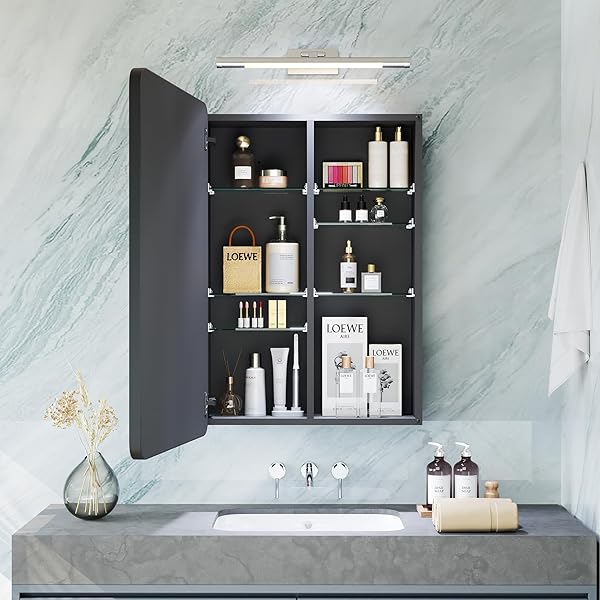 MEMOCASTLE BLACK MEDICINE CABINET WITH MIRROR 16X20 INCH, SMALL BATHROOM WALL CABINET WITH STORAGE, MODERN MATTE FINISH, 6 ADJUSTABLE GLASS SHELVES, SILENT SOFT CLOSE, RUST PROOF ALUMINUM ORGANIZER