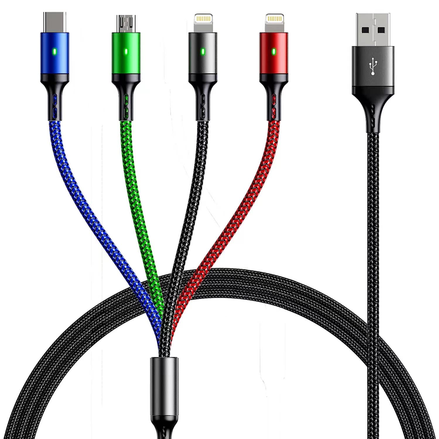 Multi Charging Cable 4A, [5Ft/ 2Pack] 4 in 1 Charger Cable,Braided Multiple USB Cable Universal Phone Charging Cord with IP/Type C/Micro USB Port for iPhone16/15/14/13 Series/Samsung Series/PS & More