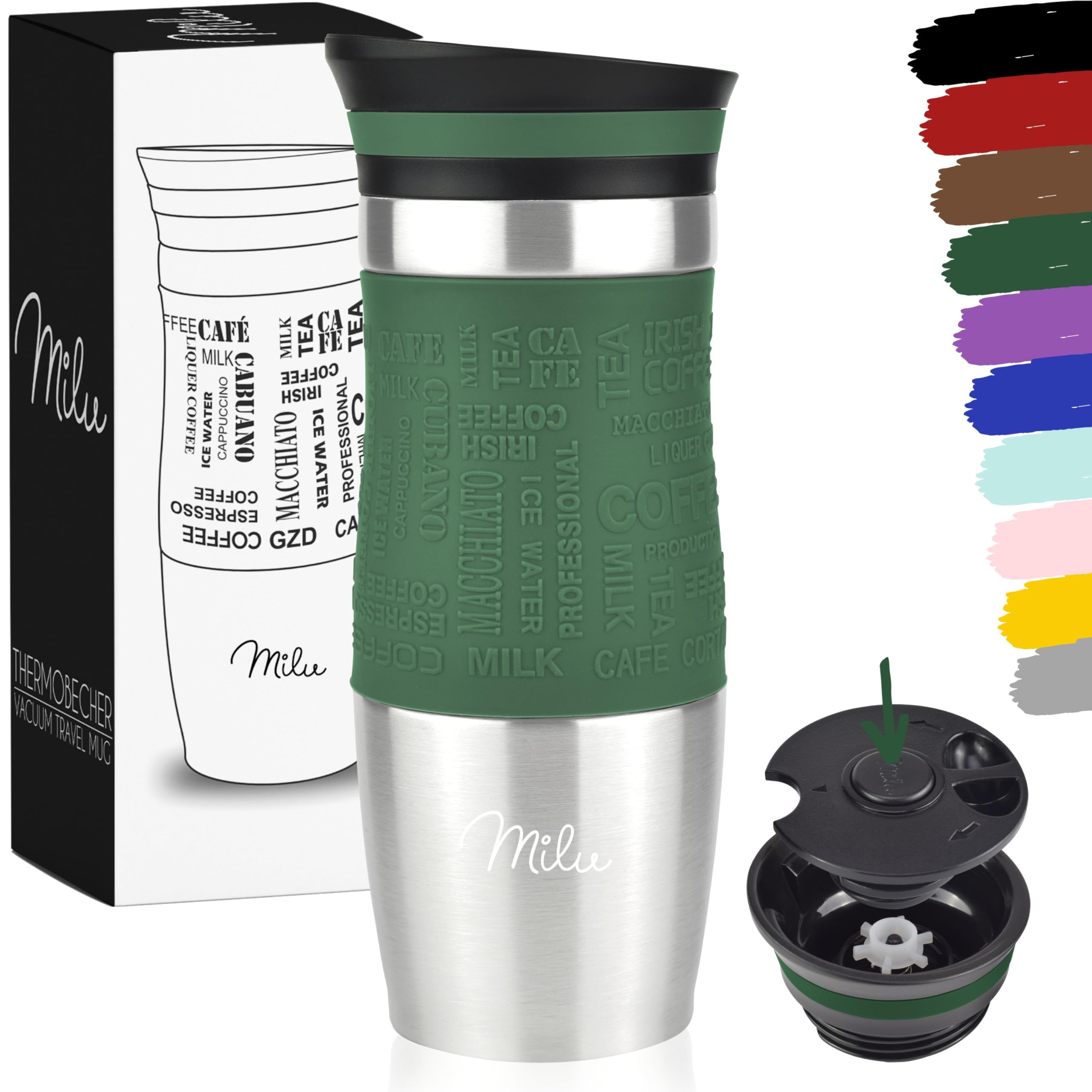 Milu Travel Mug 370ml 450ml - Insulated Coffee Cup to go - 100% Leak Proof - Stainless Steel Drinking Mug - Car Mug Double Wall Insulation Thermo Coffee Flask (Olive Green, 370ml) — image 1