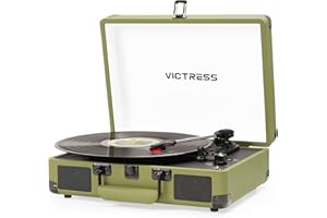 VICTRESS Record Player with Speakers, Bluetooth Vinyl Record Player with Recording, 3 Speed Portable Suitcase LP Player, Belt Drive Turntable, RCA/AUX/Headphone Jack, Green
