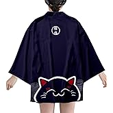 LAI MENG FIVE CATS Women's Lucky Cat Cardigan Kimono Loose Cover up Casual Blouse Cute Tops