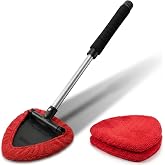 Window &amp; Windshield Cleaner Tool, Extendable, 3 Microfiber Pads (Red) | Pivoting Triangle Head Wiper Cleans Interior &amp; Exterior Glass, 3 Washable Reusable Bonnets, Lint-Free