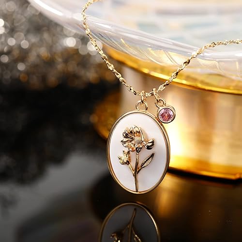 October Marigold Birth Flower Shell Cameo Necklace with Birthstone
