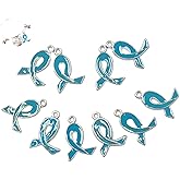 Linpeng Ribbon Charms For Jewelry Making, Turquoise Teal Ribbon Ovarian Prostate Cancer Awareness Bulk, Gift For Beader, DIY Craft Supplies, 21mm x15mm, 10 pcs