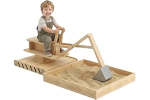 Qaba Wooden Sandbox with Digger Excavator Toy, Outdoor Kids Sandbox with 360° Rotating Seat, Sand Pit Kids Playset with Botto