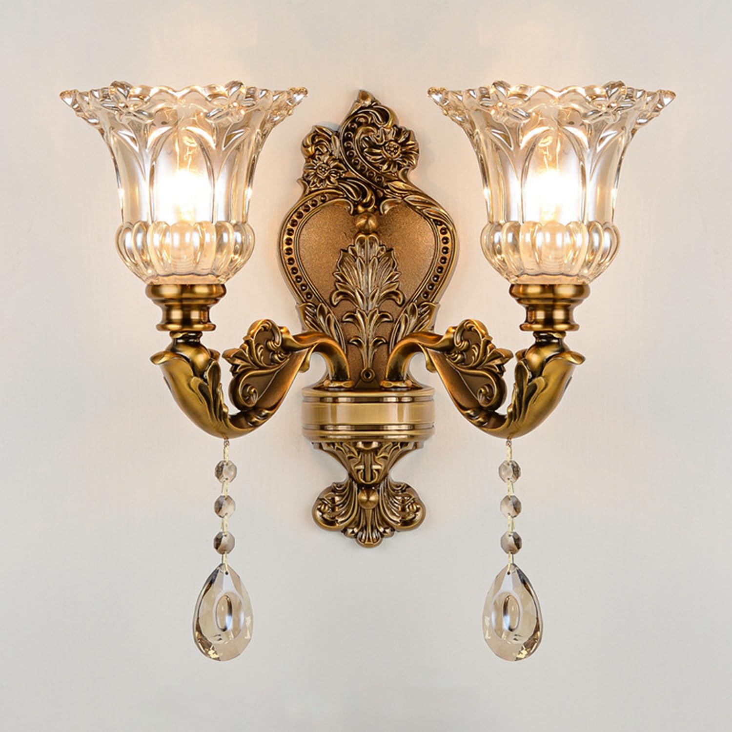 Photo 1 of MIXL - 2-Heads Victorian Gold Wall Sconces,Floral Wall Mount Lights with Glass Lampshade,French Vintage Style Crystal Sconces for Living Room Bedroom and Hallway