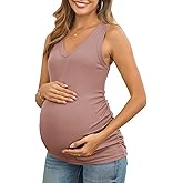 Maternity Tank Tops for Women Summer Sleeveless V Neck Ribbed Knit Slim Fitted Blouse Side Ruched Pregnancy Shirts