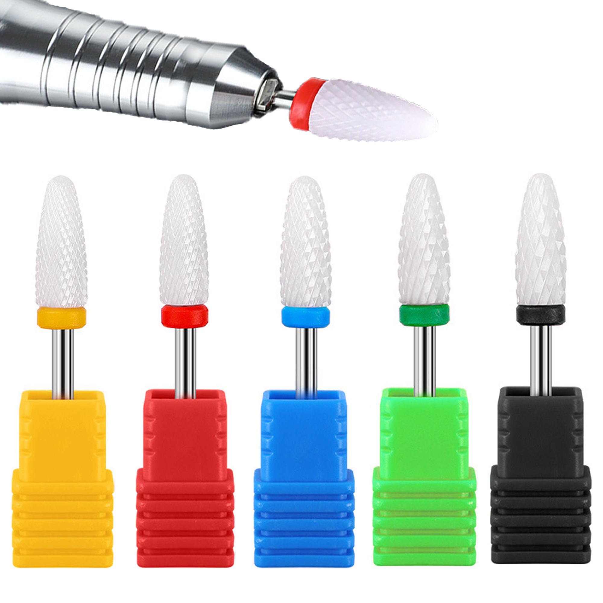 YUEMING 5 pcs 3/32" Ceramic Nail Drill Bits Set Safety Cuticle Clean Gel Remove, Professional Grinding Wheel Grinding Head Nail Cutter Tips Set for Manicure Pedicure Nail Care